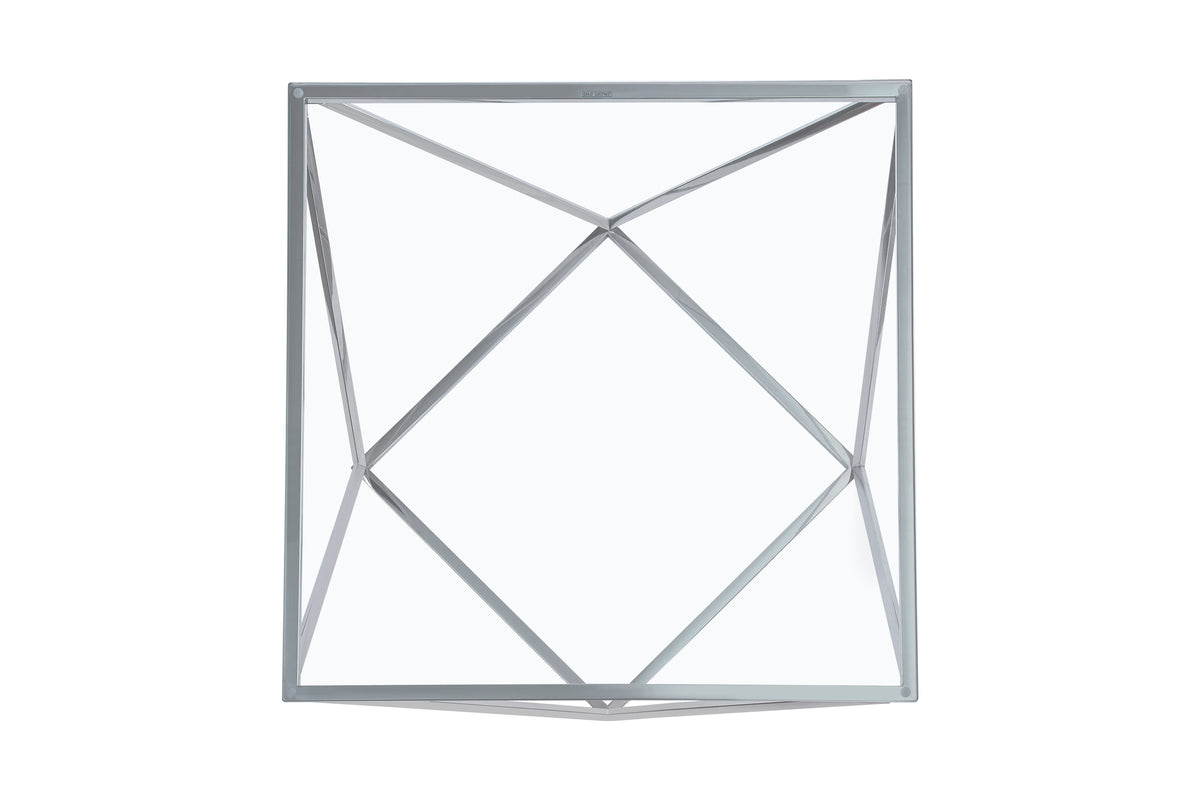 Table Basse Carrée Plateau Verre Trempé Transparent Pieds Chrome 80x80x45cm