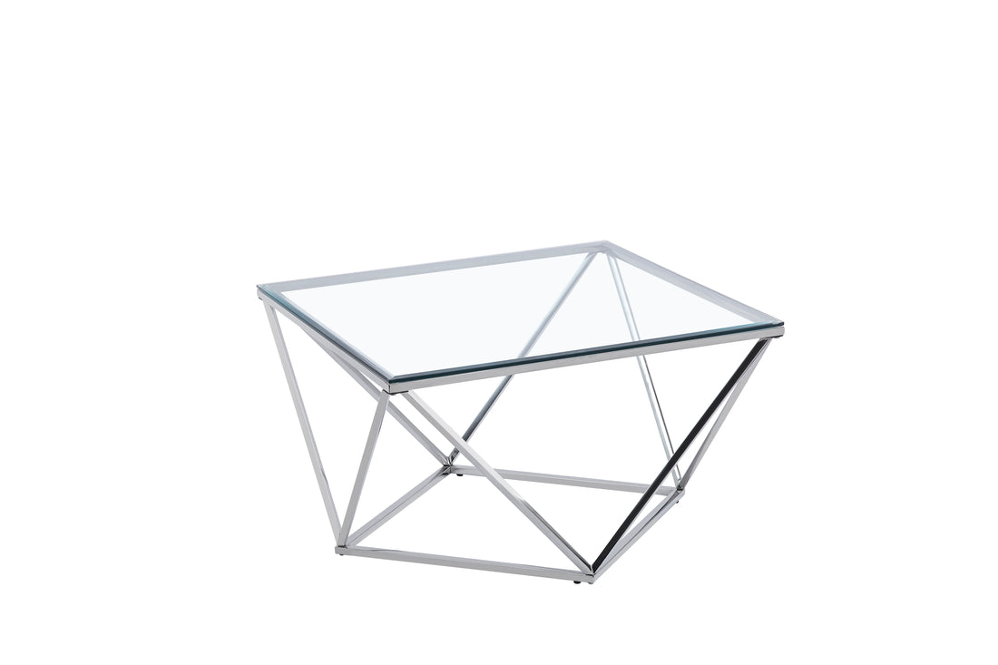 Table Basse Carrée Plateau Verre Trempé Transparent Pieds Chrome 80x80x45cm