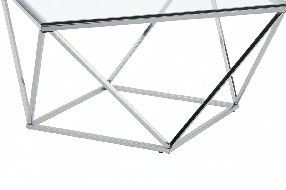 Table Basse Carrée Plateau Verre Trempé Transparent Pieds Chrome 80x80x45cm