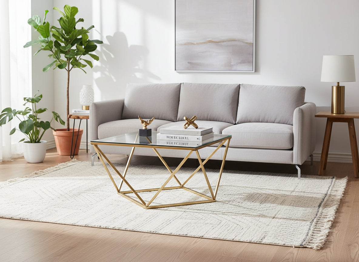Table Basse ALINA Carrée Plateau Verre Trempé Transparent Pieds Gold 80x80x45cm