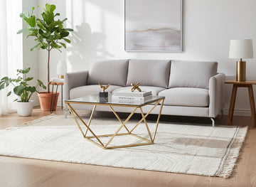 Table Basse ALINA Carrée Plateau Verre Trempé Transparent Pieds Gold 80x80x45cm