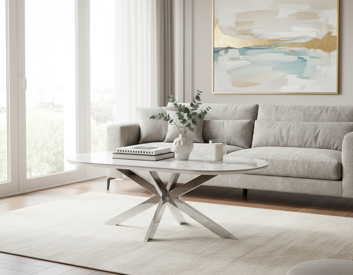 Table basse 120x60 céramique effet marbre blanc pieds chromés