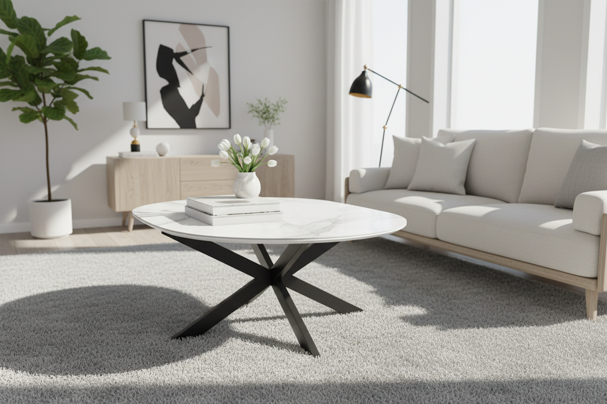 Table basse 120x60 céramique effet marbre blanc pieds métal noir mat