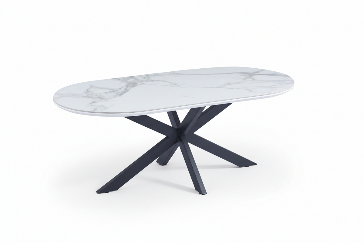Table basse 120x60 céramique effet marbre blanc pieds métal noir mat