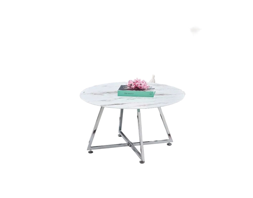 Table Basse Ronde HELOISE Métal Chrome Plateau Céramique Effet Marbre Blanc D80xH45cm