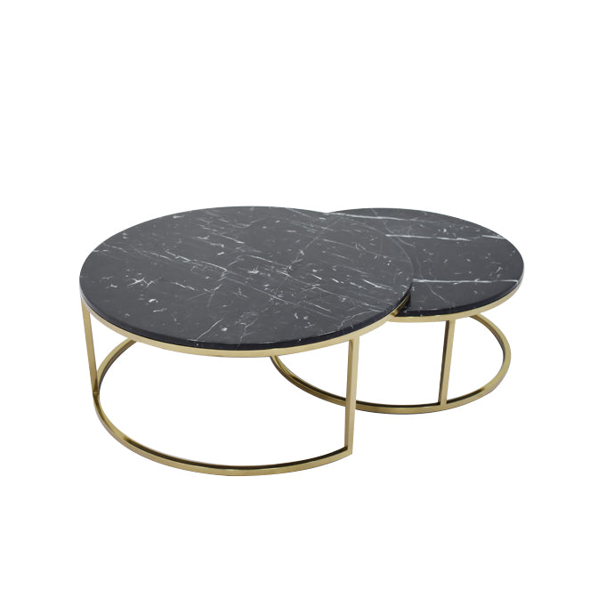 Lot de 2 tables Basses Gigogne ARTO Gold et plateau en verre Marbré Noir #couleur_marbré noir