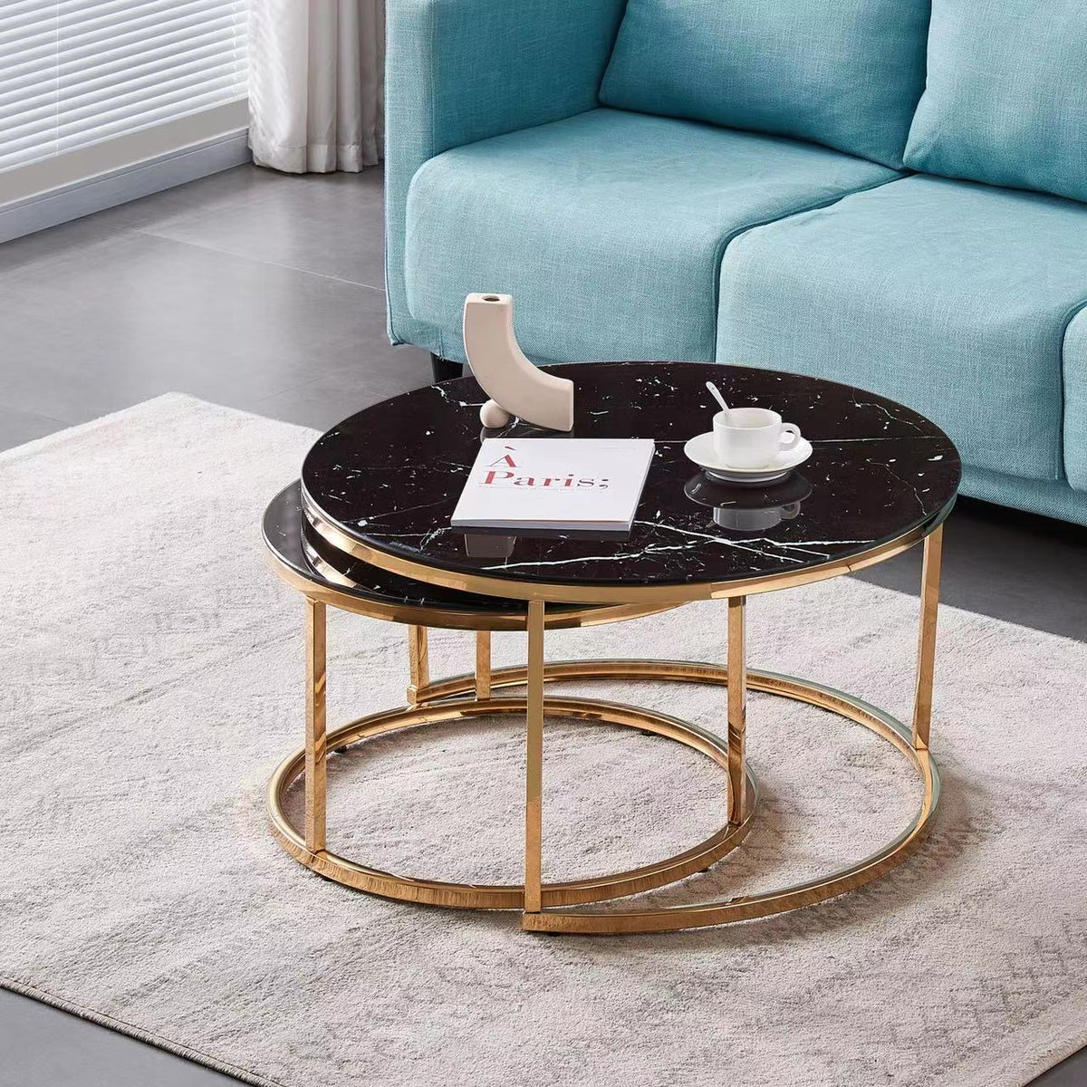 Lot de 2 tables Basses Gigogne ARTO Gold et plateau en verre Marbré Noir #couleur_marbré noir