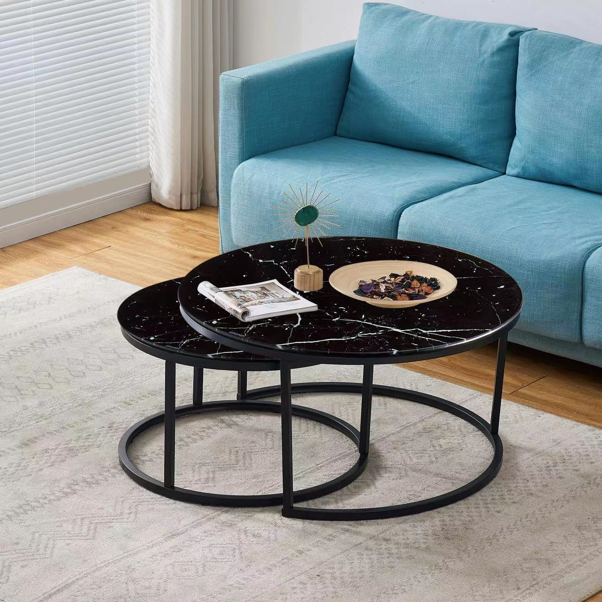 Lot 2 tables basses gigognes rondes effet marbré noir D80 D60 ARTO