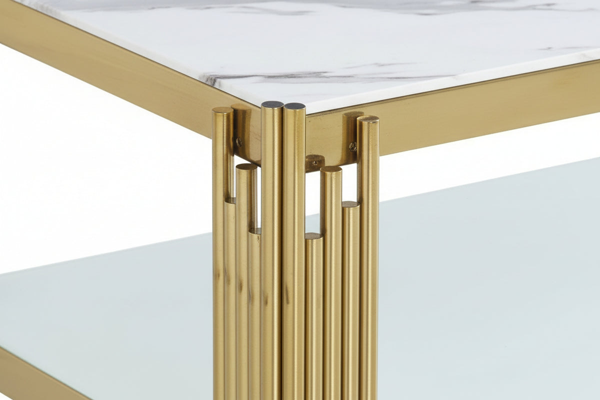 Table basse rectangle double plateau verre effet Marbré Blanc 120cm FLUTE