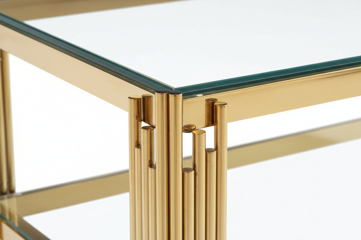 Table Basse FLUTE Rectangle Double Plateau Verre Trempé Transparent Structure Gold 120x60x45cm