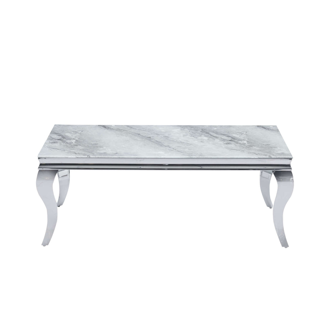 Table Basse BAROQUE Rectangle Plateau Verre Trempé Marbré Gris Pieds Chrome 120x60x45cm
