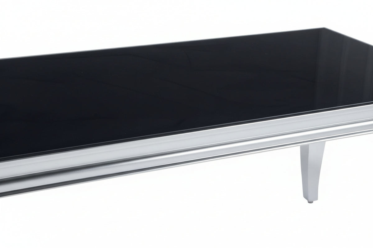 Table Basse BAROQUE Rectangle Plateau Verre Trempé Noir Pieds Chrome 120x60x45cm