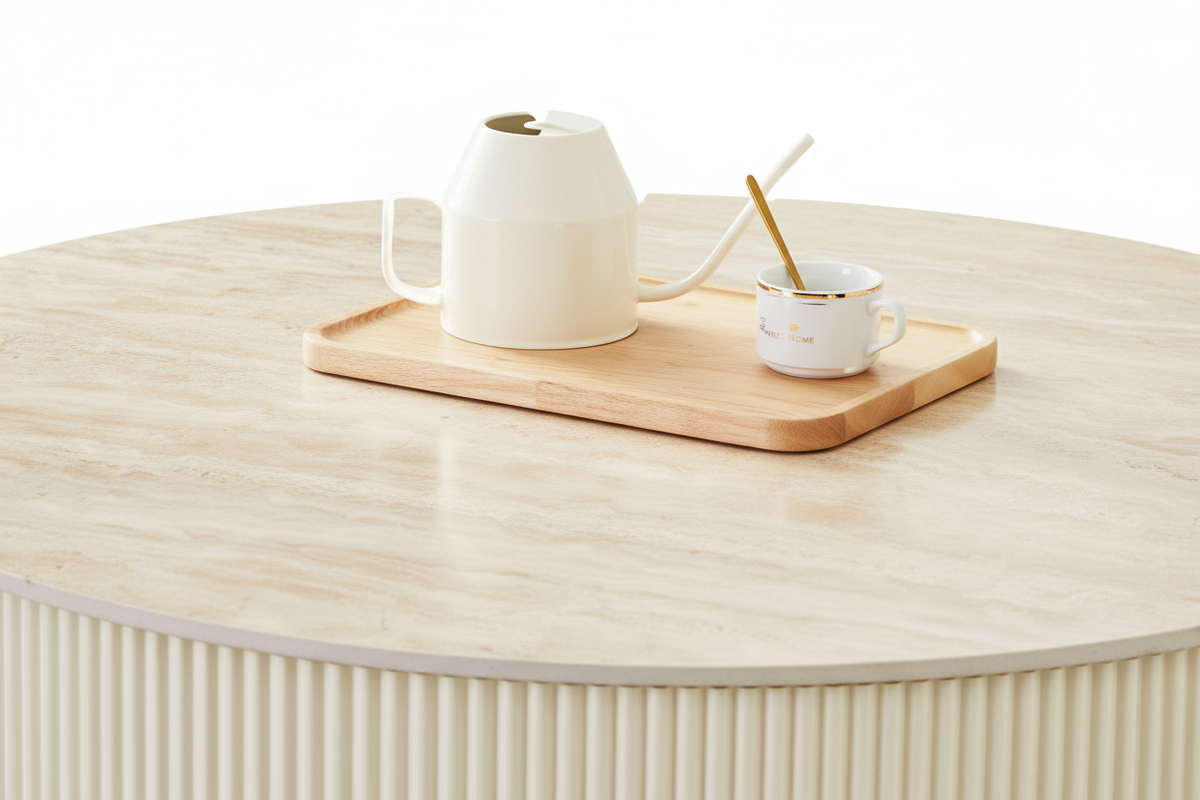 Table Basse RUBY Ronde Plateau Céramique Effet Travertin Beige Pied Métal Noir D100xH45 cm