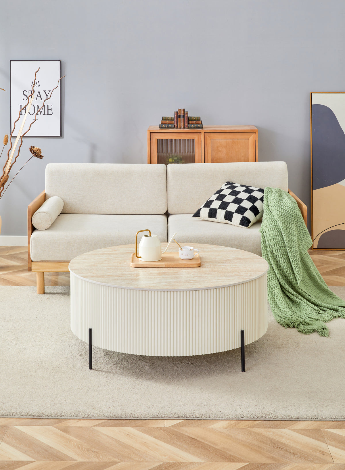 Table Basse RUBY Ronde Plateau Céramique Effet Travertin Beige Pied Métal Noir D80xH45 cm