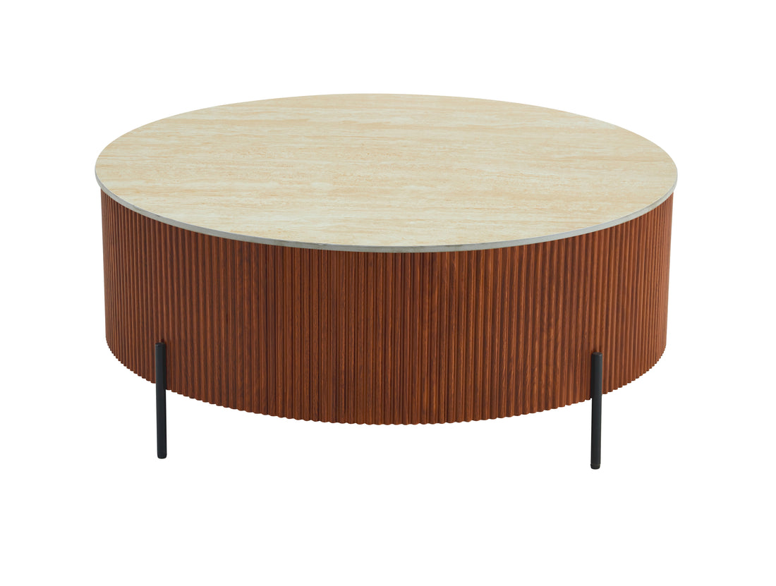 Table basse ronde céramique effet travertin noisette 80cm RUBY