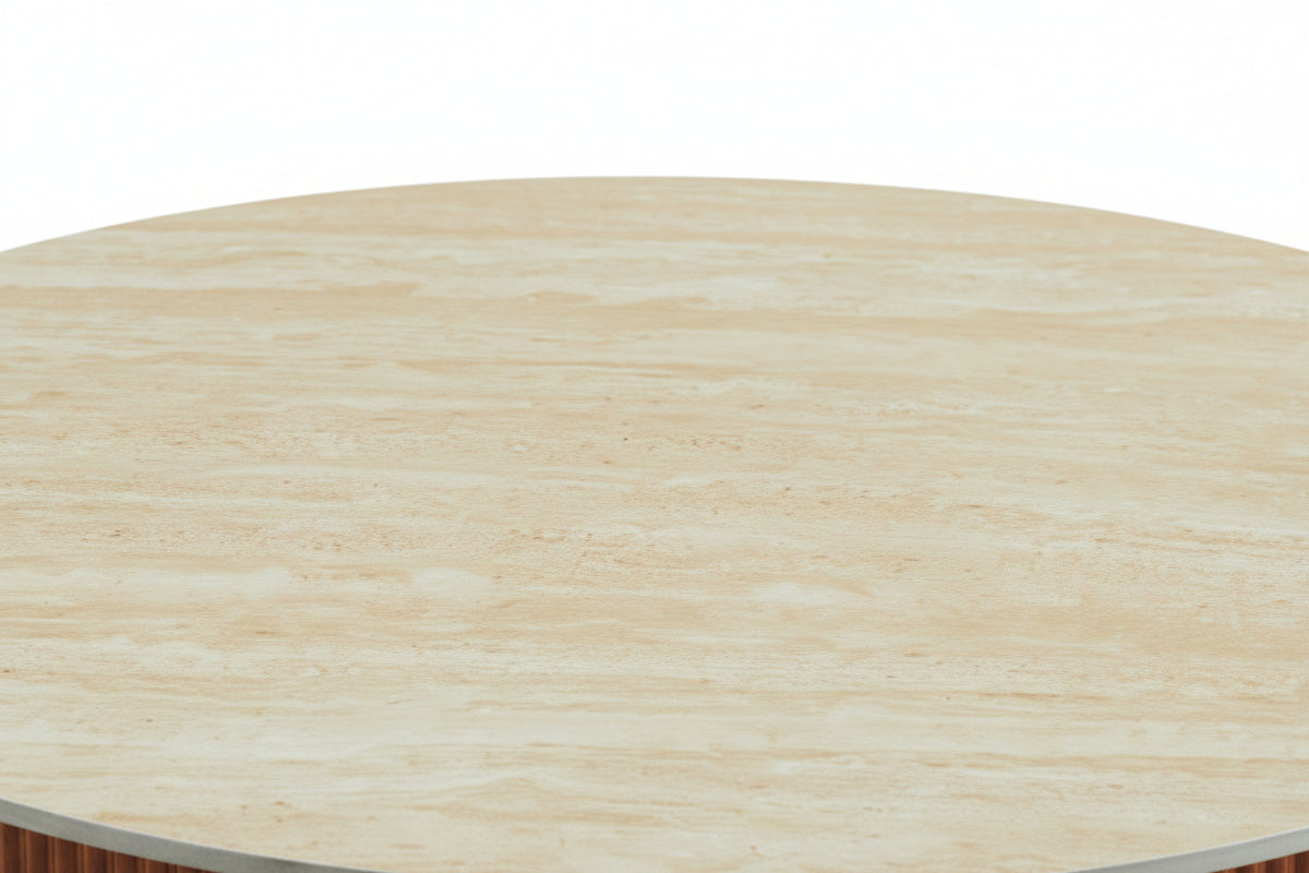 Table basse ronde céramique effet travertin noisette 80cm RUBY