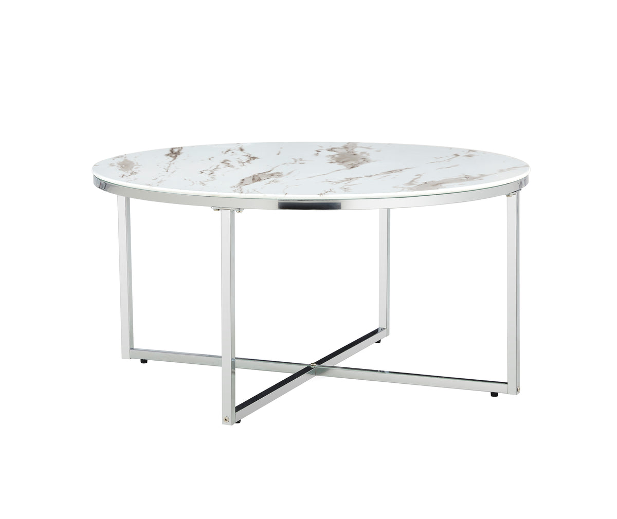 Table Basse LORIE Ronde Plateau Verre Trempé Marbré Blanc Structure Métal Chrome D90x45cm
