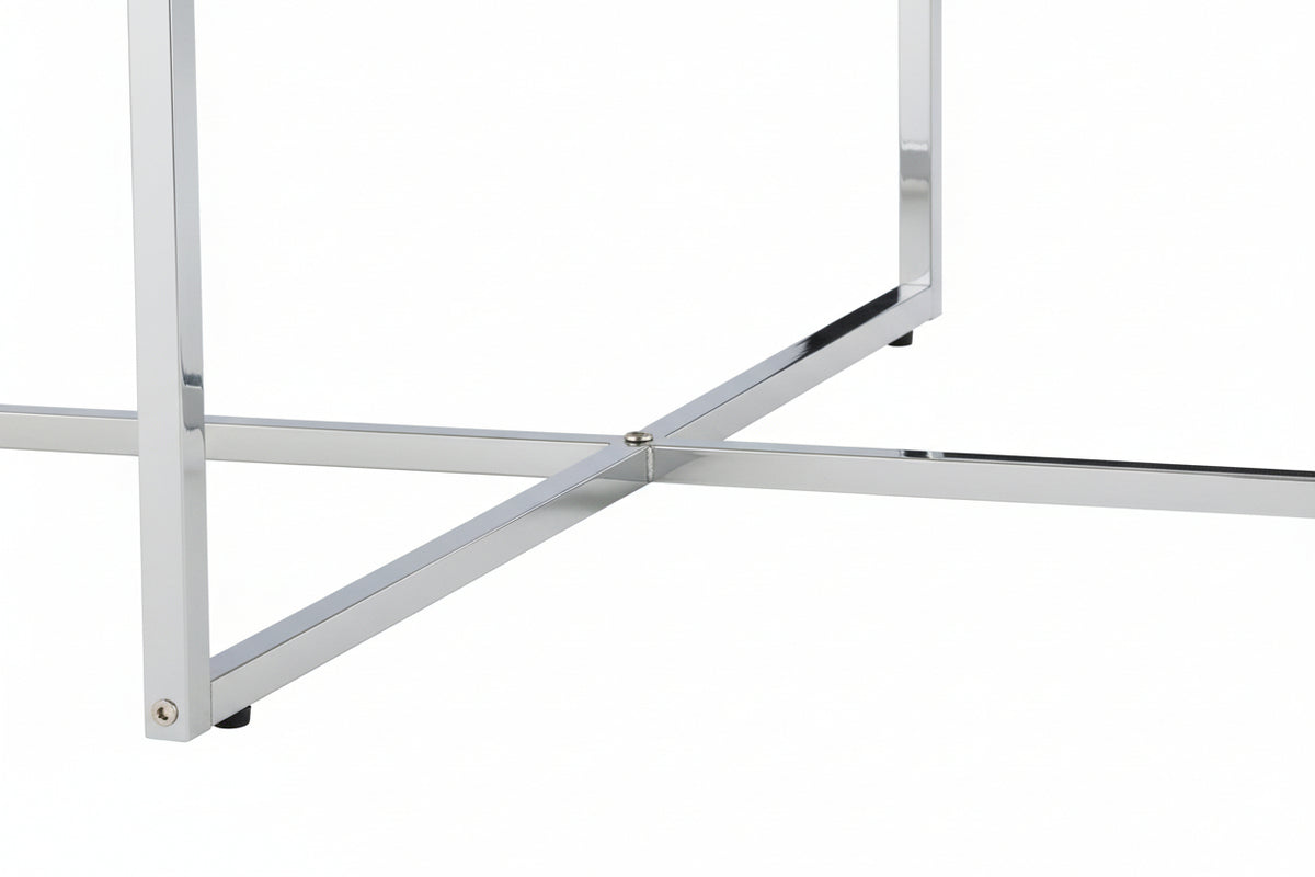 Table Basse LORIE Ronde Plateau Verre Trempé Marbré Blanc Structure Métal Chrome D90x45cm