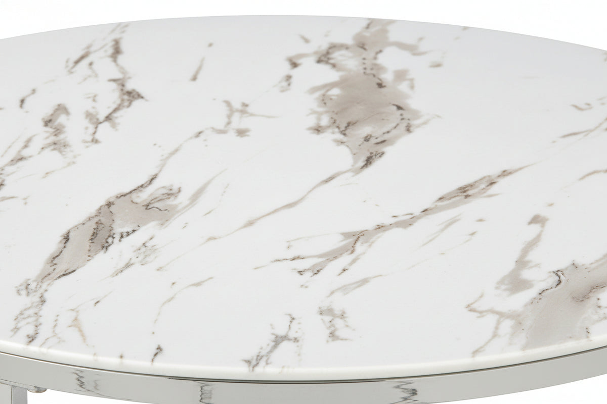 Table Basse LORIE Ronde Plateau Verre Trempé Marbré Blanc Structure Métal Chrome D90x45cm