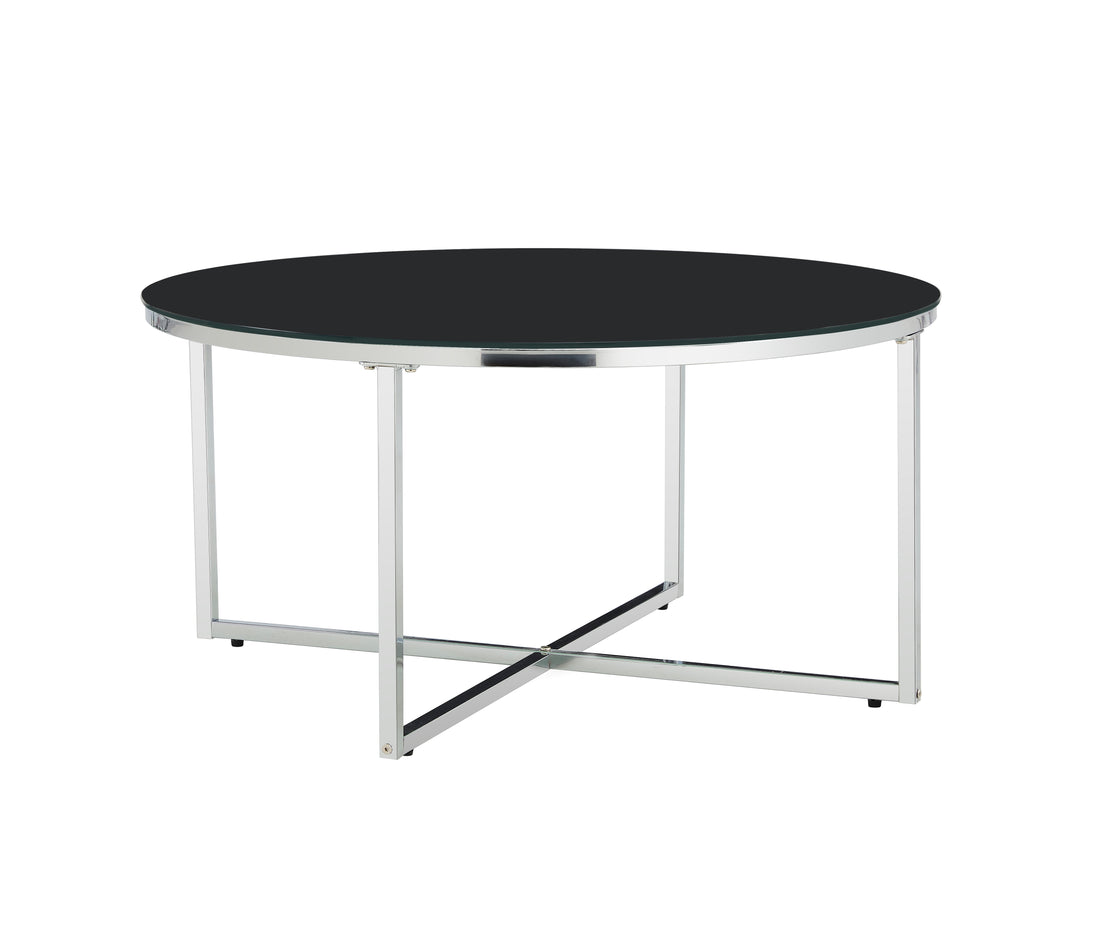 Table Basse LORIE Ronde Plateau Verre Trempé Marbré Noir Structure Métal Chrome D90x45cm