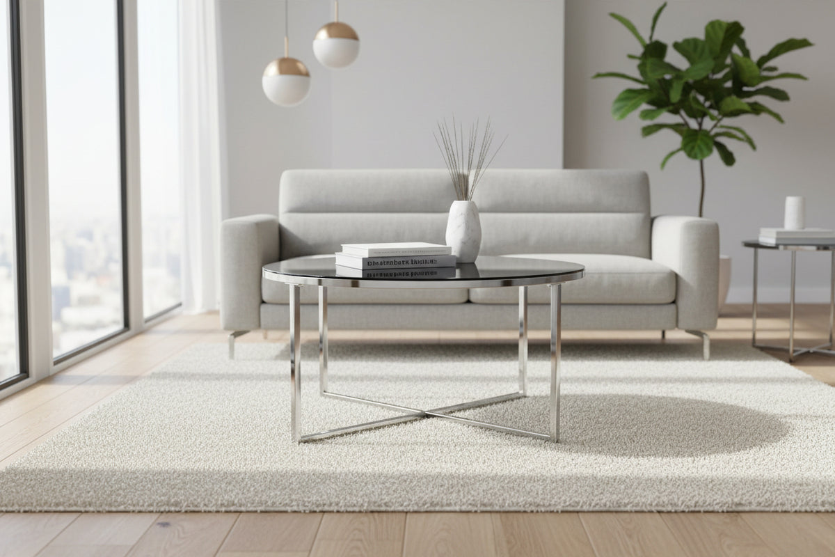 Table Basse LORIE Ronde Plateau Verre Trempé Marbré Noir Structure Métal Chrome D90x45cm