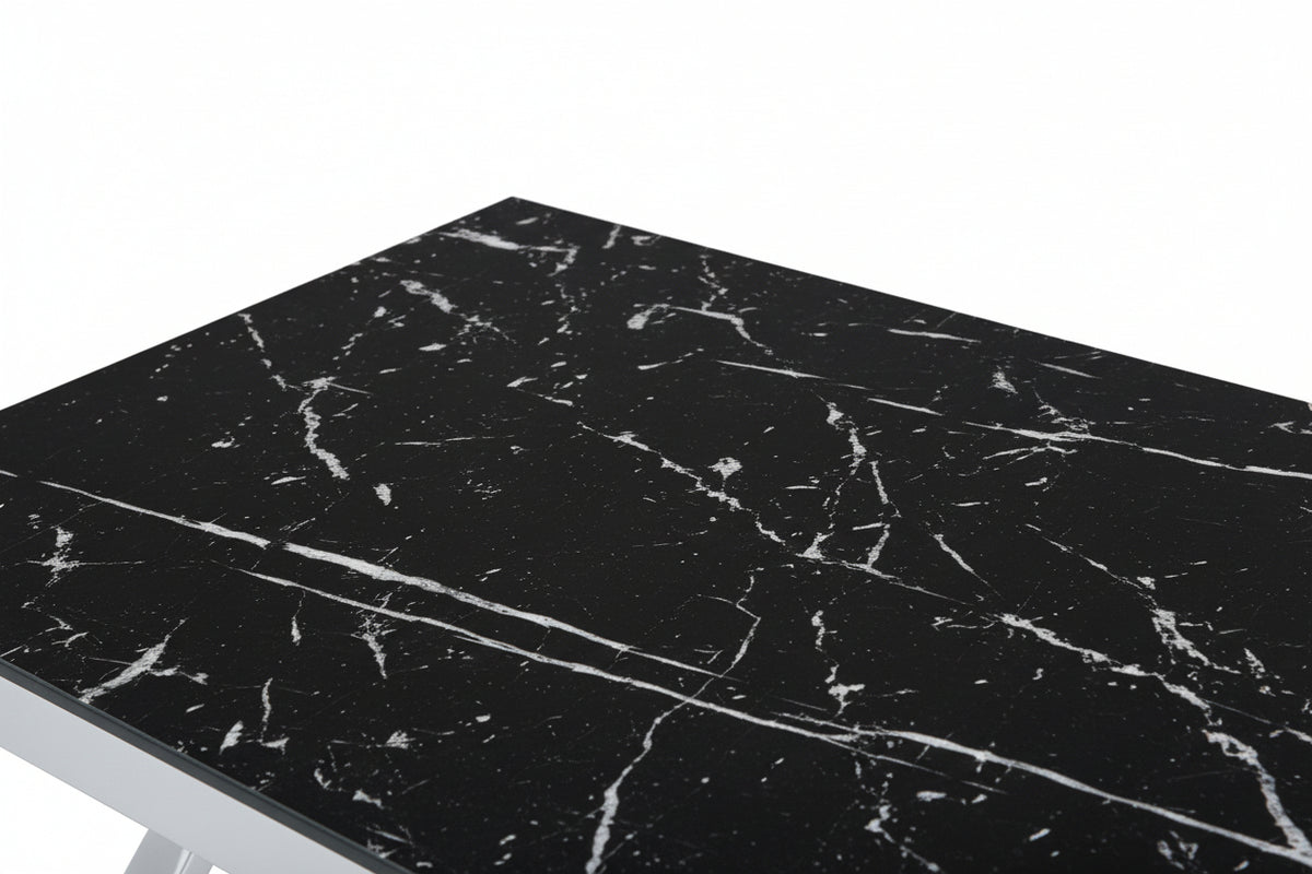 Table Basse MAJESTIQUE Rectangle Plateau Verre Trempé Marbré Noir Pieds Chrome 120x60x45cm