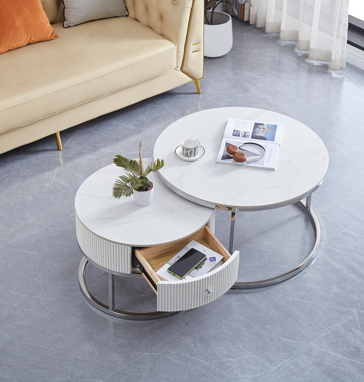 Tables basses SAMIRA Gigogne Chrome Marbre Blanc avec Tiroir
