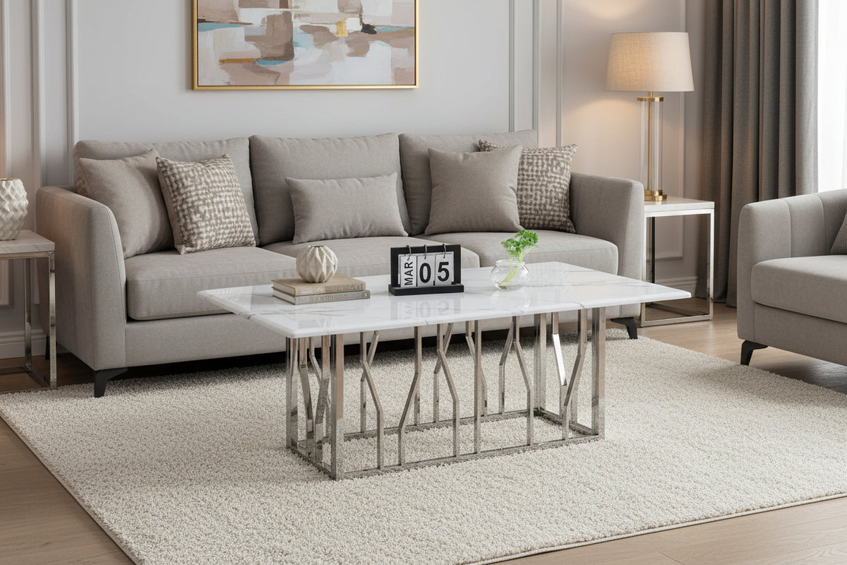 Table basse PORTOFINO chrome marbre blanc 120x70x45 cm #couleur_chrome_marbre_blanc