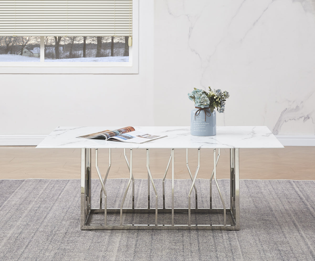 Table Basse PORTOFINO Plateau Verre Trempé Effet Marbré Blanc Pieds Chrome 120x70x45cm