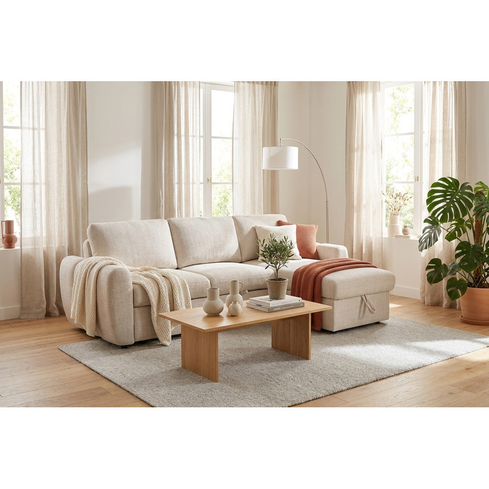 Canapé d’angle droit convertible en tissu Cremona beige 238 x 160 cm – Cuba