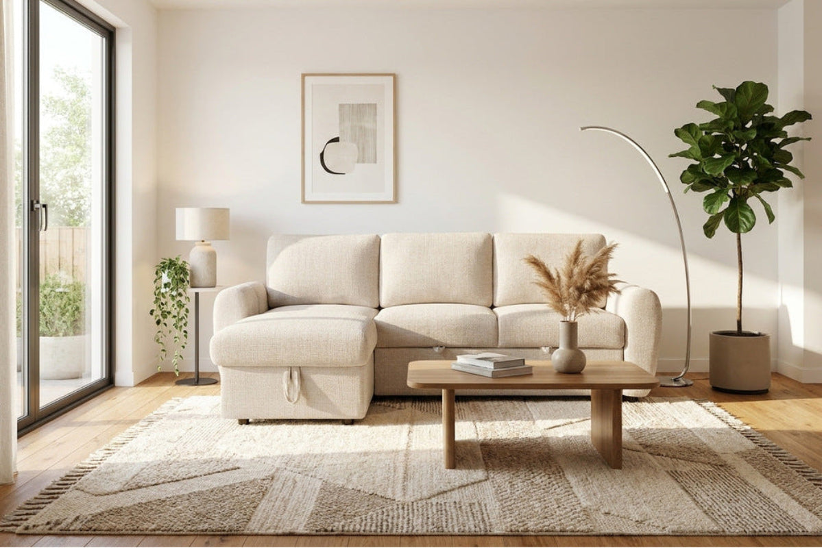 Canapé d’angle gauche convertible en tissu Cremona beige 238 x 160 cm – Cuba