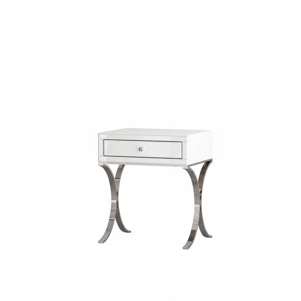 Table de chevet chromé plateau verre effet marbre blanc 50x40x60 cm