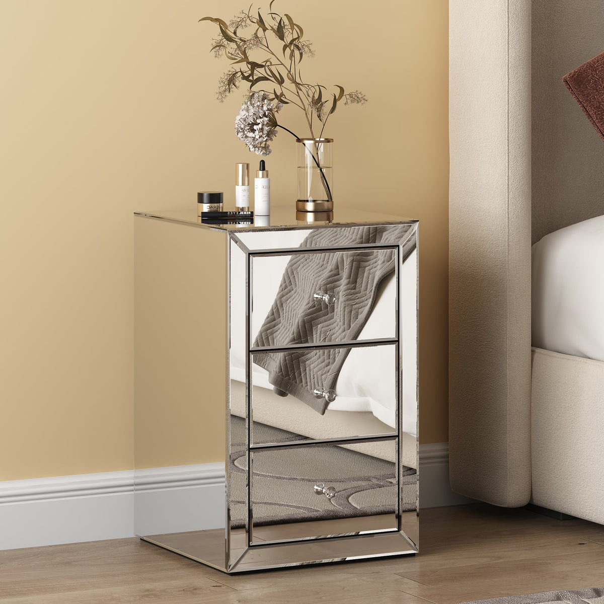 Chevet en verre miroir ADEL avec 3 tiroirs