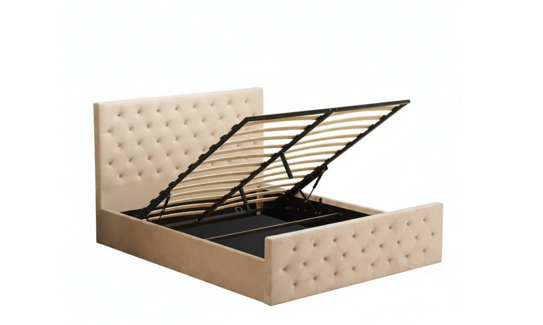 Lit coffre capitonné velours beige 140x190 cm sommier inclus VICTORIA