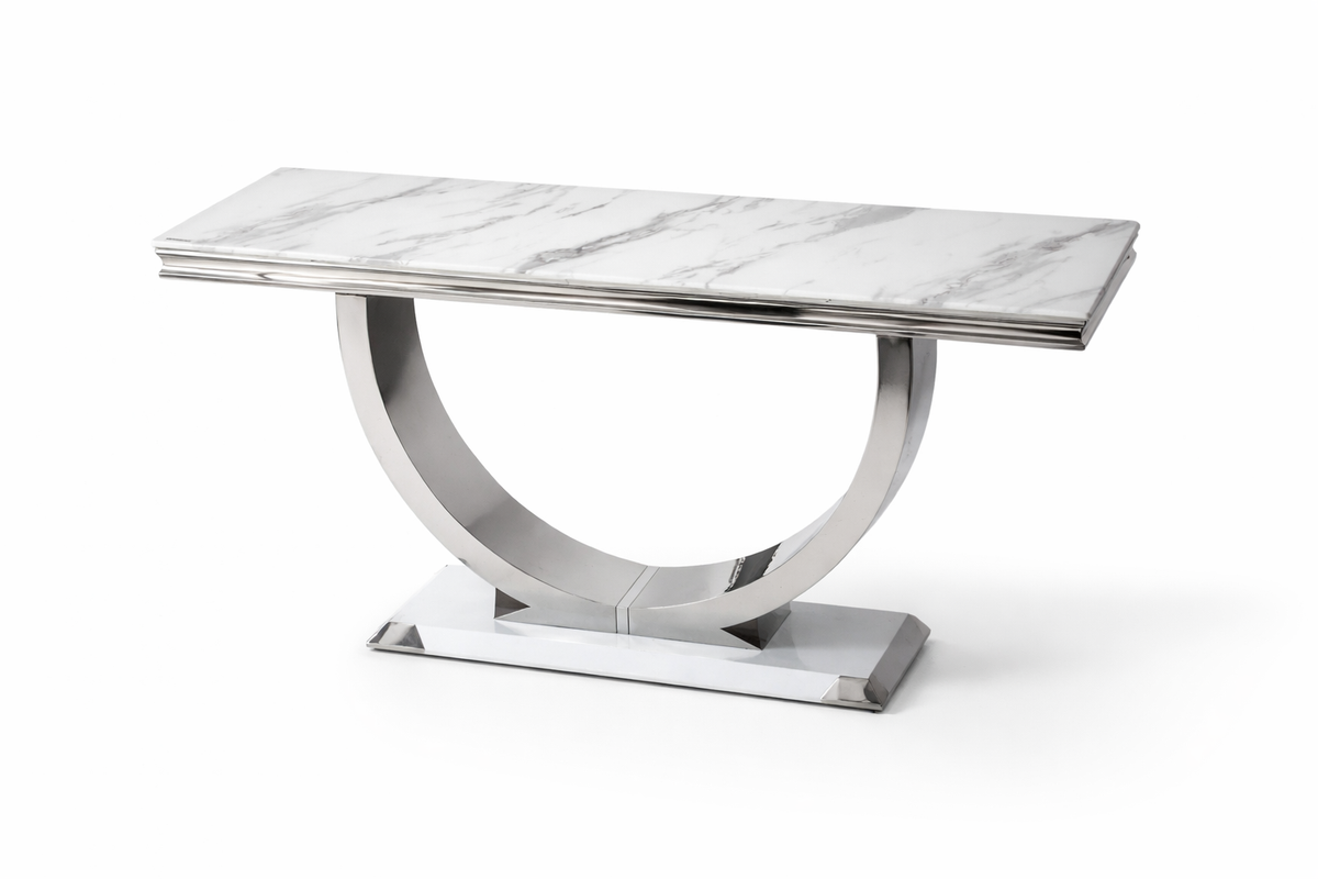 Console en métal chromé plateau effet marbre 120 cm OMEGA