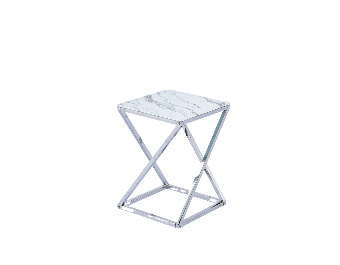 Guéridon BEVERLY – Chrome & Verre marbre blanc– 40x40x55 cm #couleur_marbre_blanc