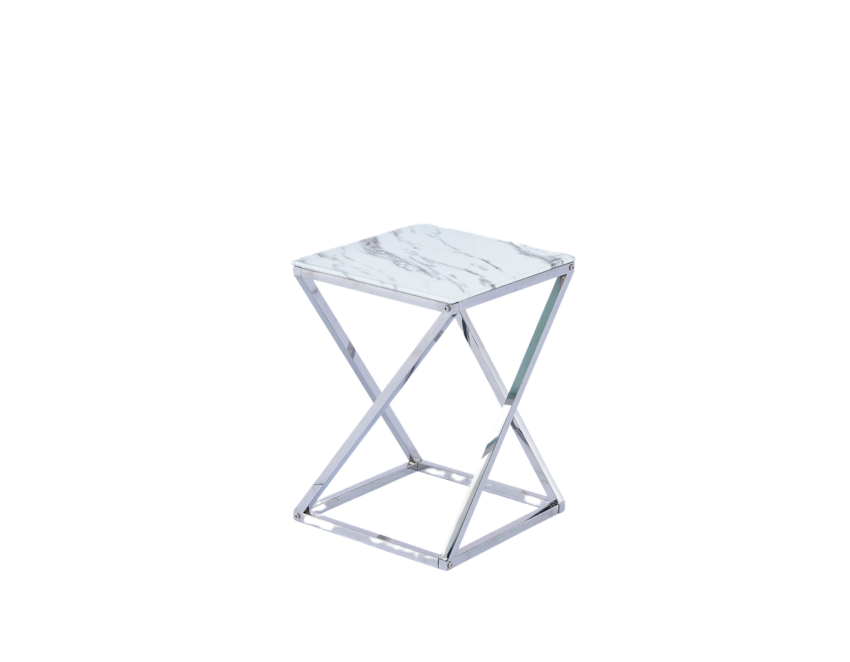 Guéridon BEVERLY – Chrome & Verre marbre blanc– 40x40x55 cm #couleur_marbre_blanc