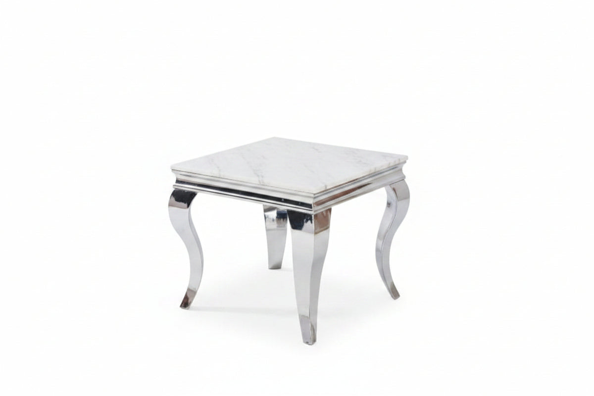 Guéridon BAROQUE – Chrome & Blanc – 55x55x55 cm #couleur_blanc