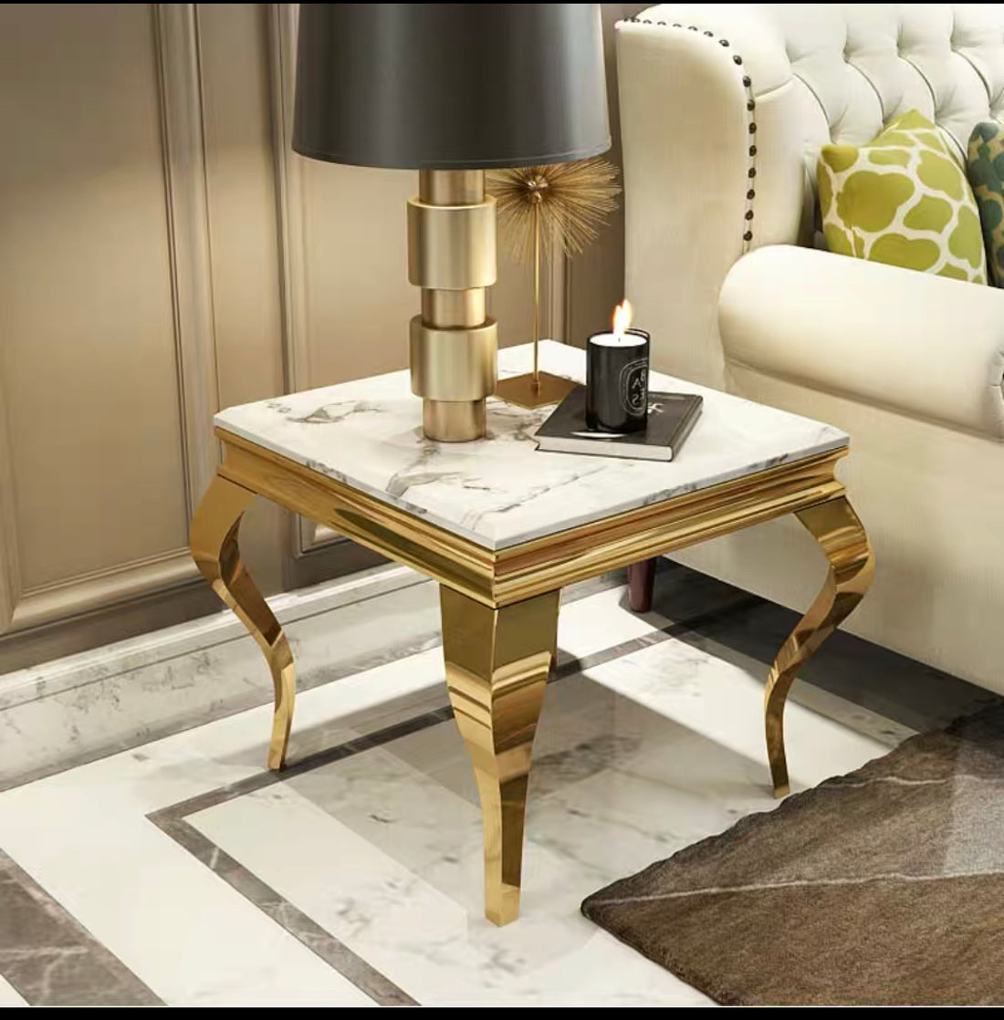 Guéridon BAROQUE gold marbre blanc 50x50 cm #couleur_marbre_blanc