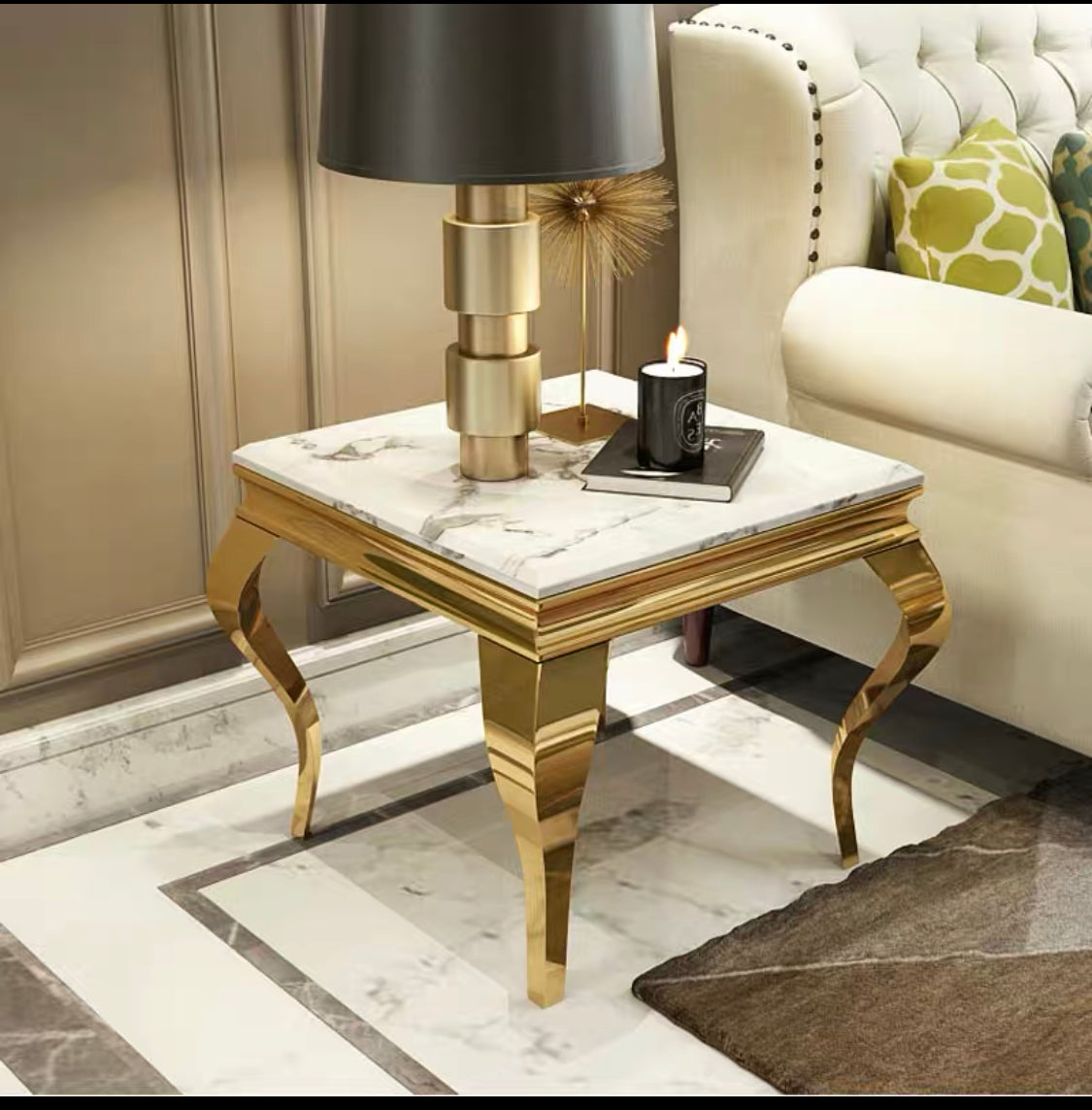 Guéridon BAROQUE gold marbre blanc 50x50 cm #couleur_marbre_blanc