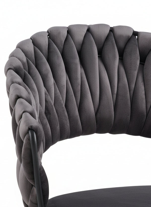 Lot 2 Chaises Salle à Manger Velours Anthracite Dossier Tressé Métal Noir CAROLINA