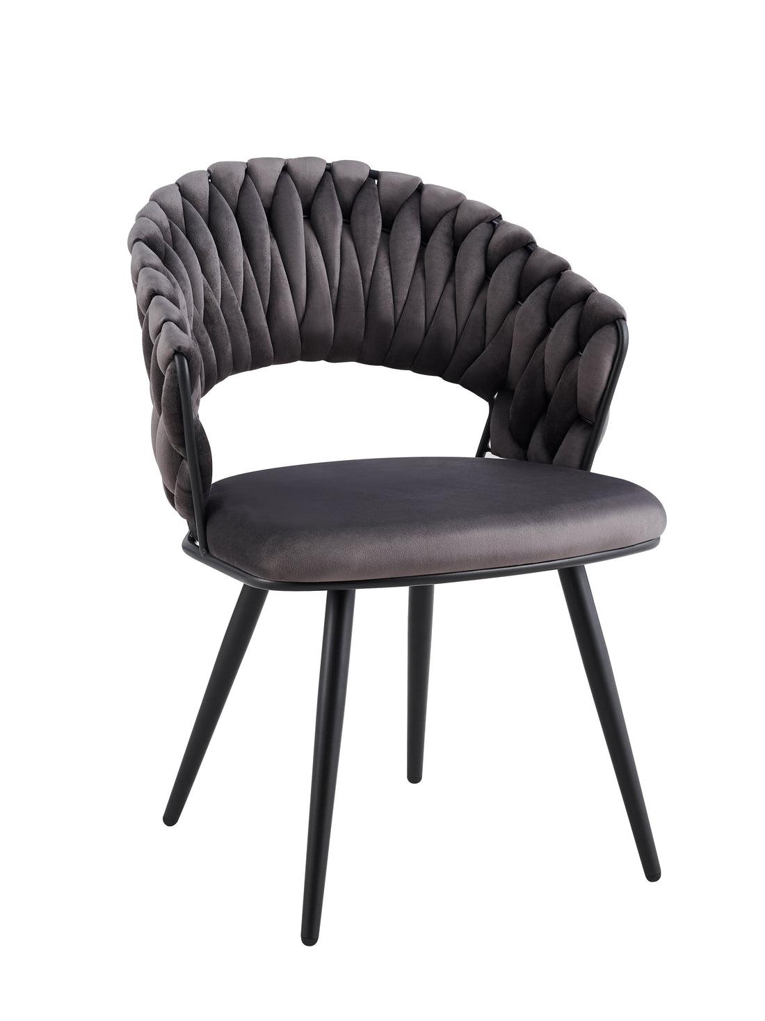 Lot 2 Chaises Salle à Manger Velours Anthracite Dossier Tressé Métal Noir CAROLINA