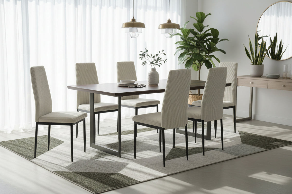 Lot 4 Chaises Salle à Manger Klarna Tissu Côtelé Écru Pieds Métal Noir
