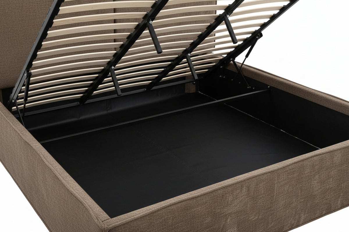 Lit coffre double tissu chenille moka sommier relevable 180x200 cm OLIVIA