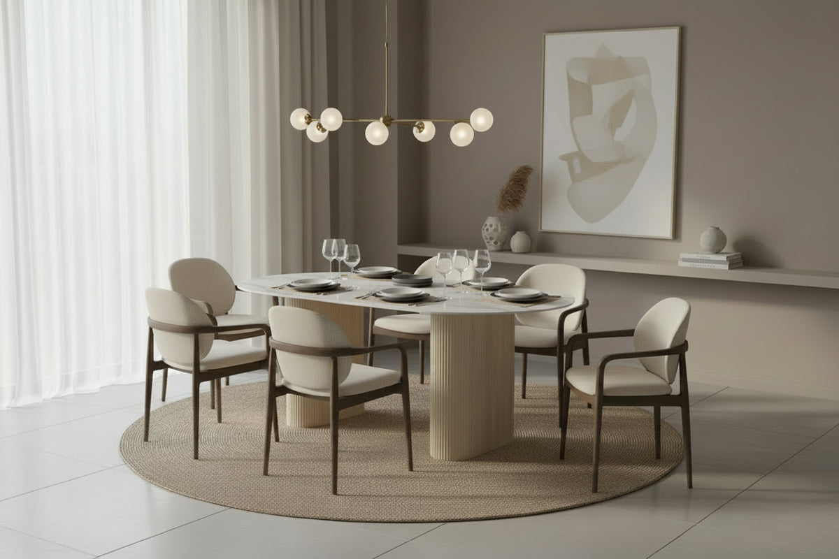 Table à manger céramique marbré blanc 160x90 cm pied travertin – ROXY