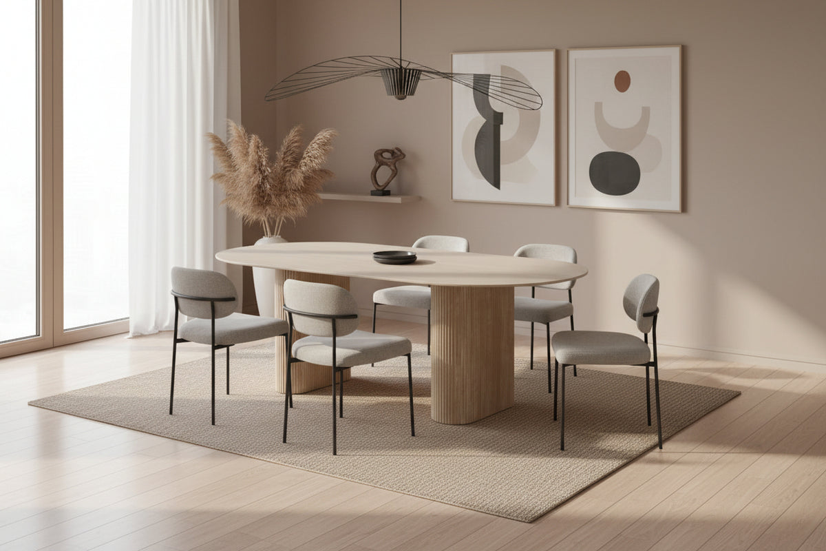Table à manger céramique effet travertin 180x90 cm pied métal ROXY