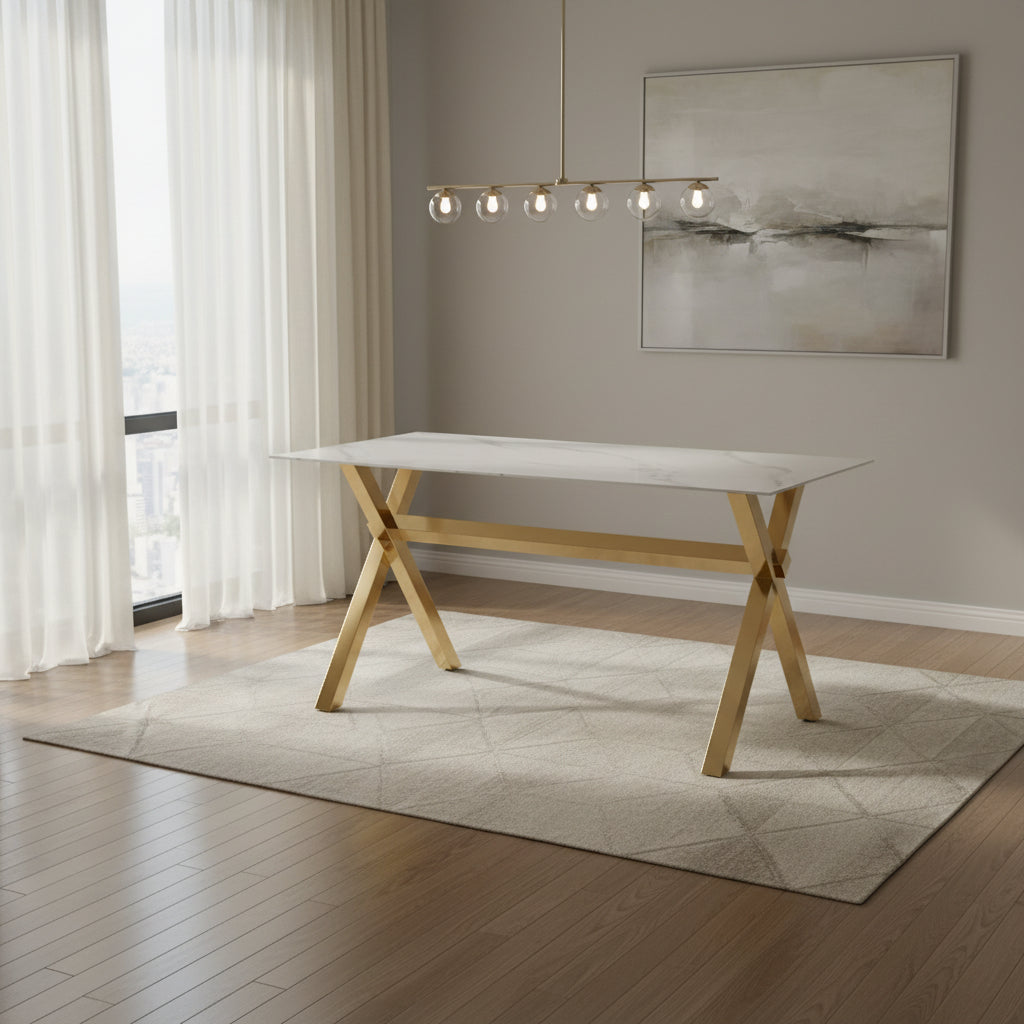 Table Repas IXE – Pied Gold & Verre Trempé – 150x90x75 cm