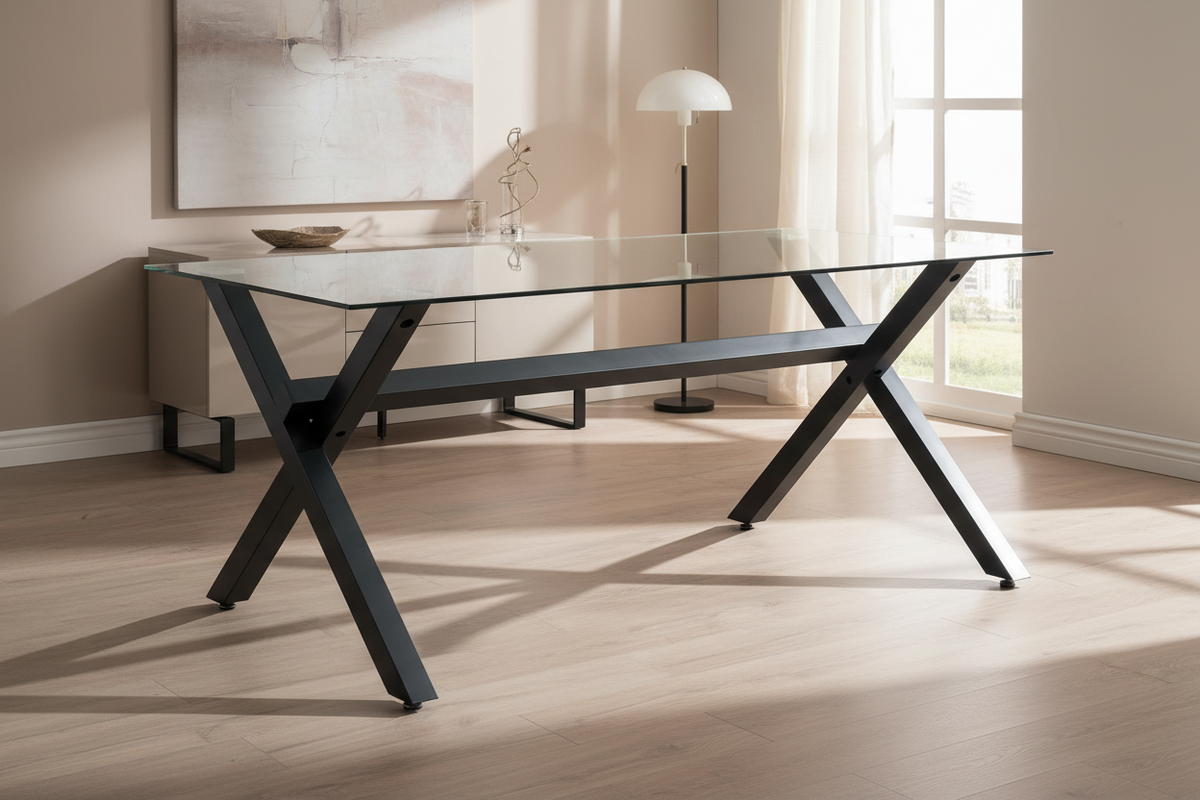 Table de Repas IXE – 150x90 cm – Verre Transparent & Structure Métal