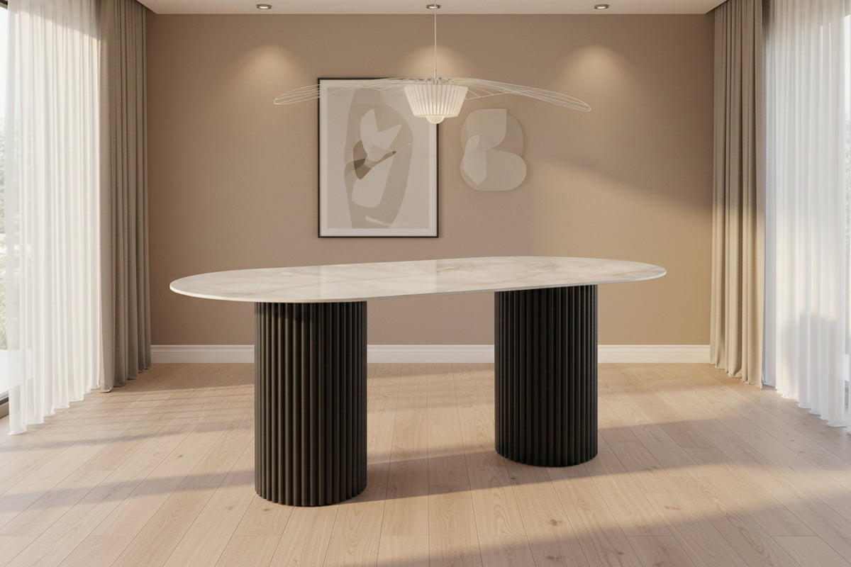 Table à manger KEYSHA 180x90 cm métal noir céramique #couleur_marbre_moka