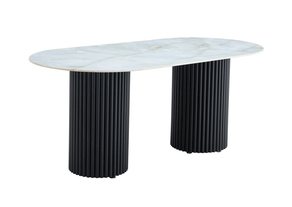 Table à Manger Ovale Céramique Marbre Moka Pieds Métal Noir 180x90x75cm – KEYSHA